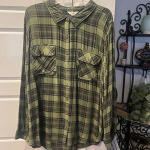 Terra & Sky Women's Green Plaid Button-Up Shirt, Size 3X
